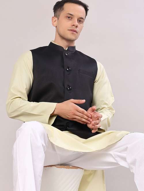 men solid mandarin neck regular fit nehru jacket - 21966342 -  Standard Image - 0