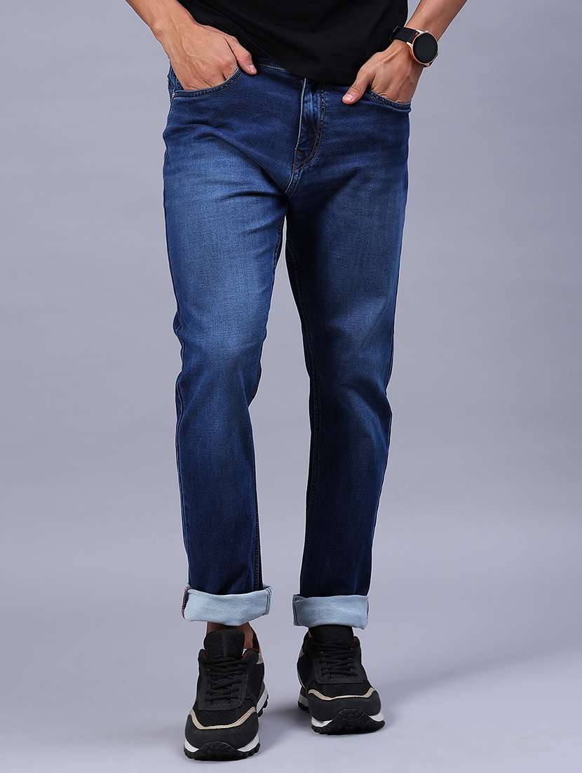 men washed mid rise full length jeans