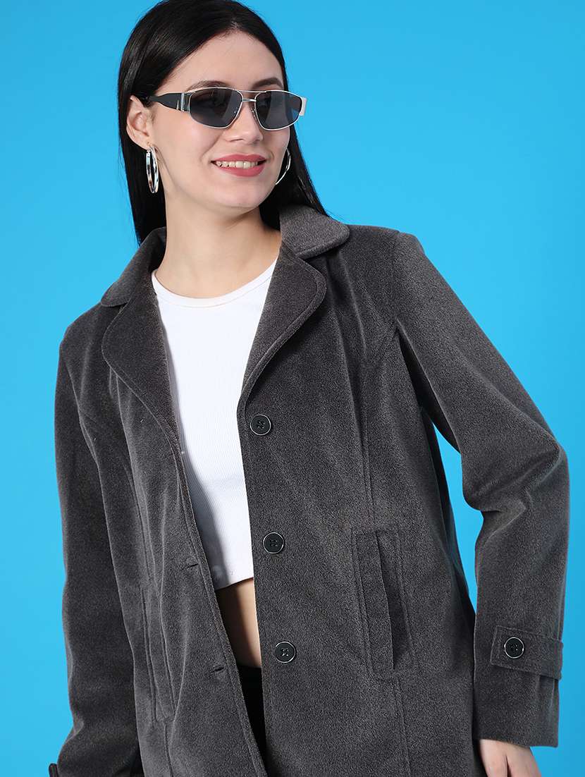 women solid lapel collar regular coat