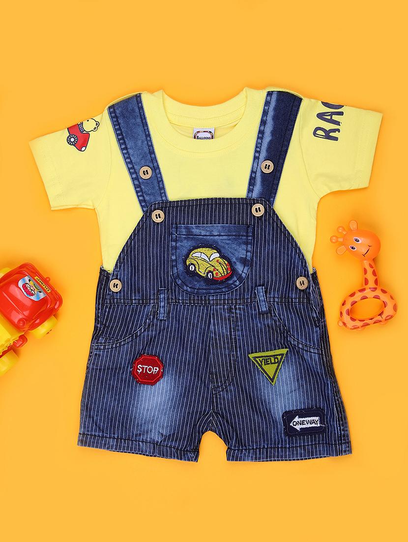 boys striped t-shirt & dungaree casual wear set