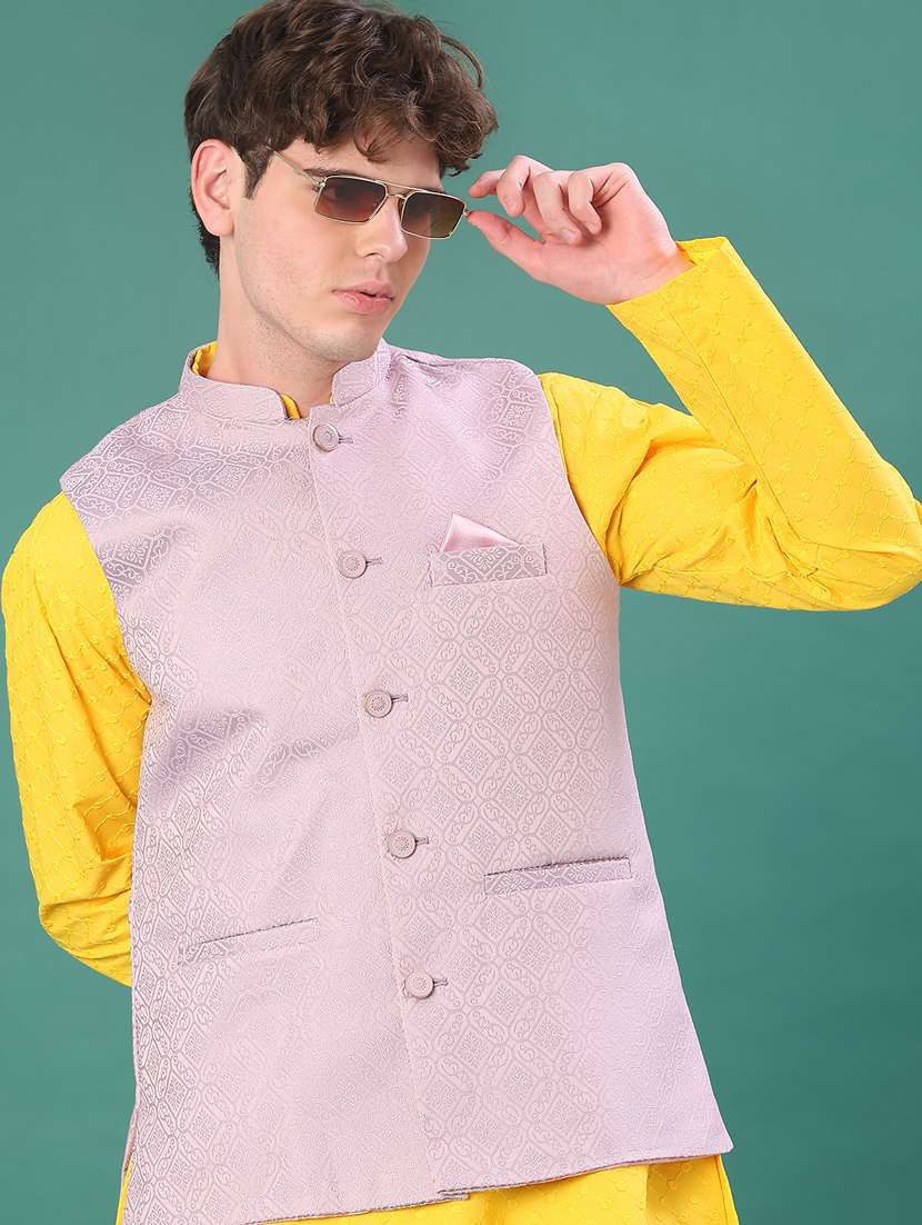 men self design mandarin neck regular fit nehru jacket