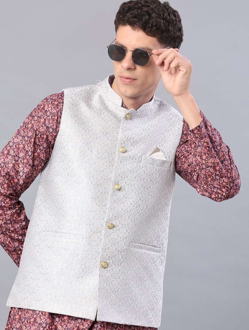 men self design mandarin neck regular fit nehru jacket