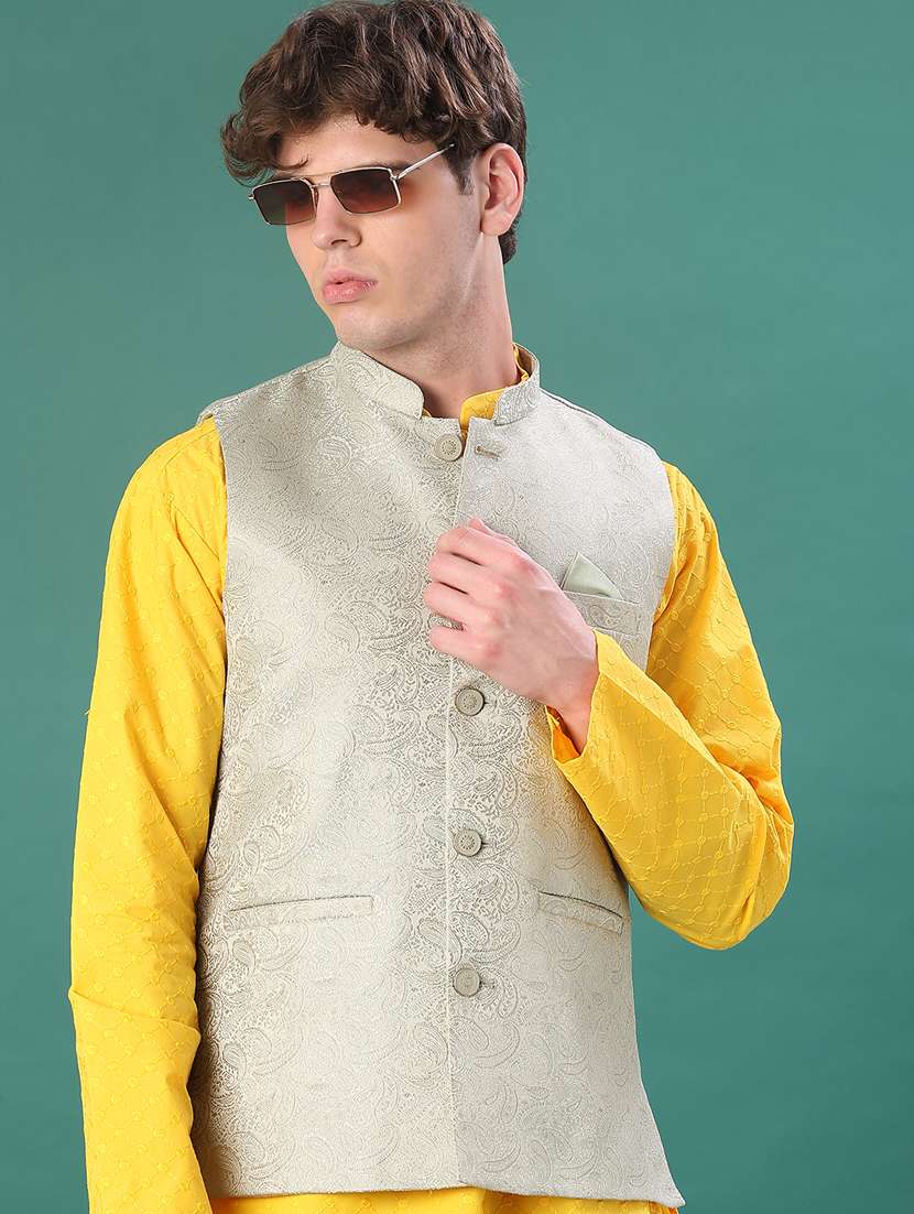 men self design mandarin neck regular fit nehru jacket