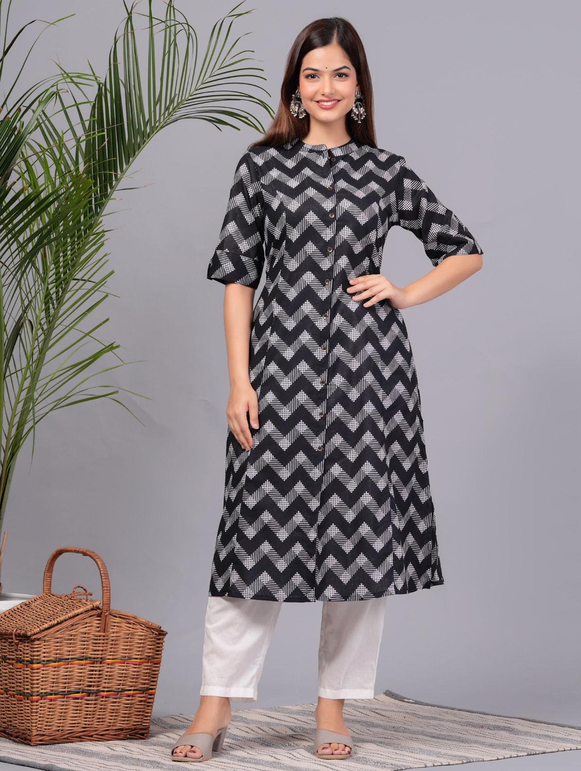women chevron printed mandarin neck a-line kurta - 21966646 - Zoom Image - 0