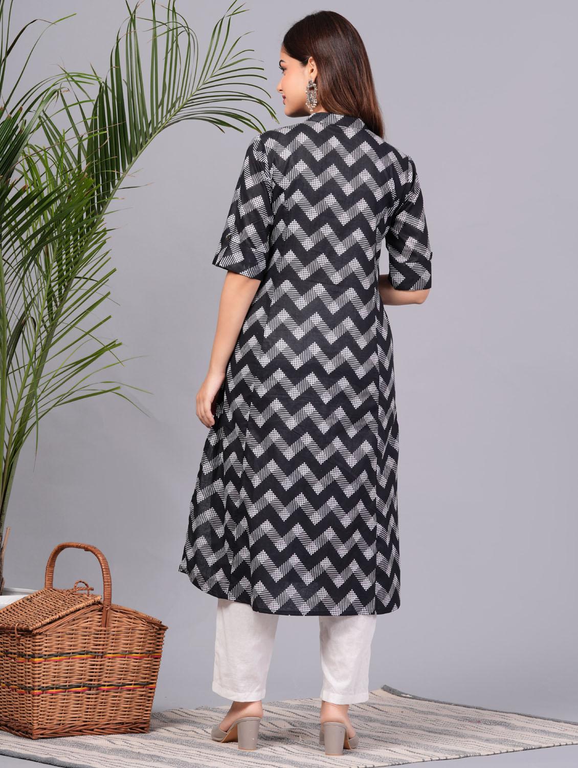 women chevron printed mandarin neck a-line kurta - 21966646 - Standard Image - 3