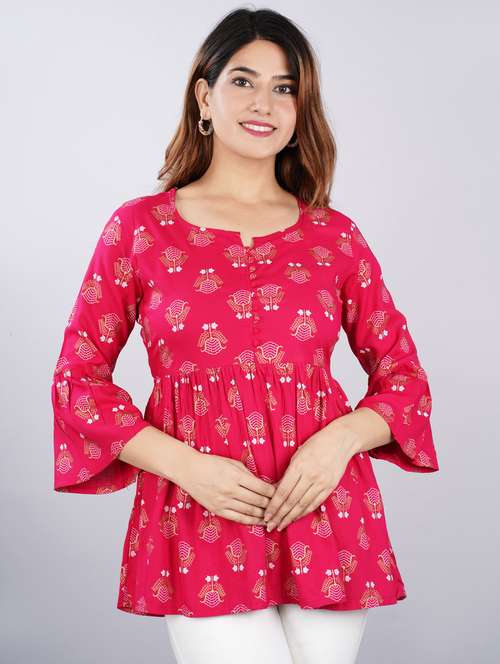 women red printed bell sleeve flared tunic - 21966669 - Standard Image - 0
