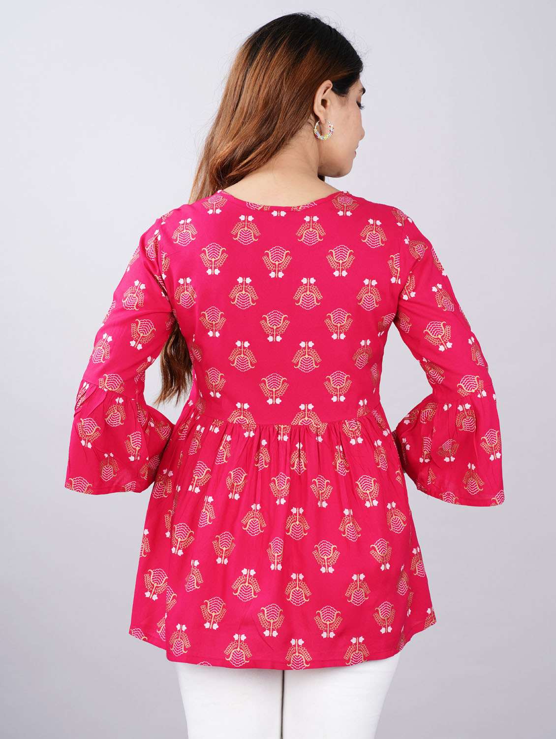 women red printed bell sleeve flared tunic - 21966669 - Standard Image - 3