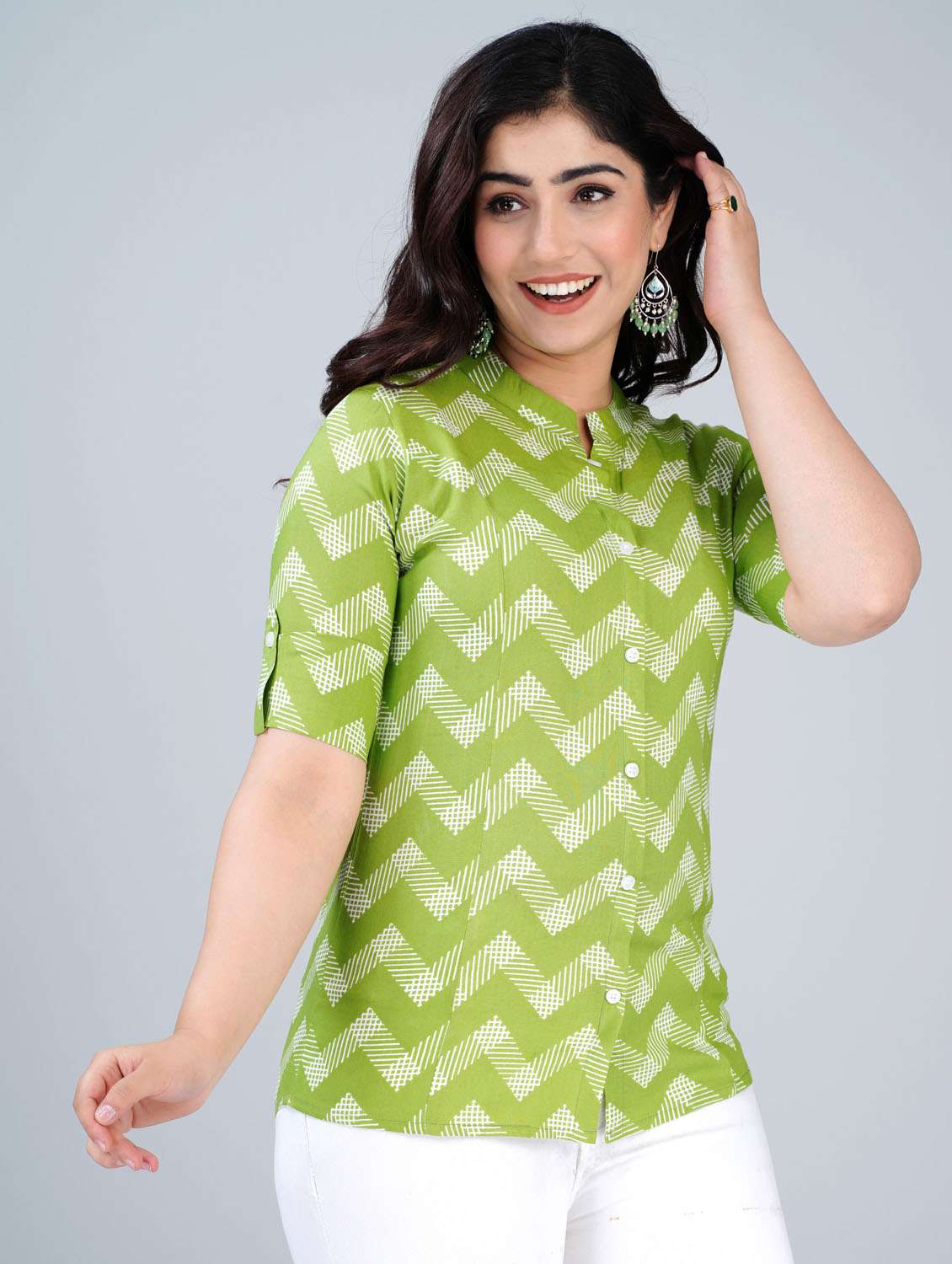 women chevron printed roll up sleeve ethnic top - 21966685 -  Standard Image - 3