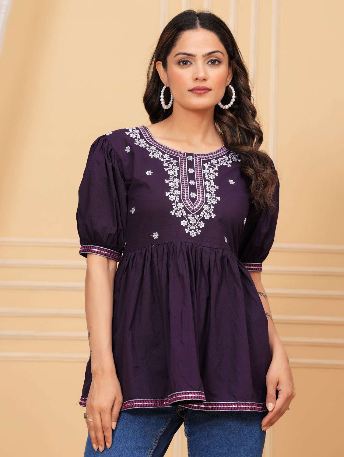 women embroidered puff sleeve ethnic top
