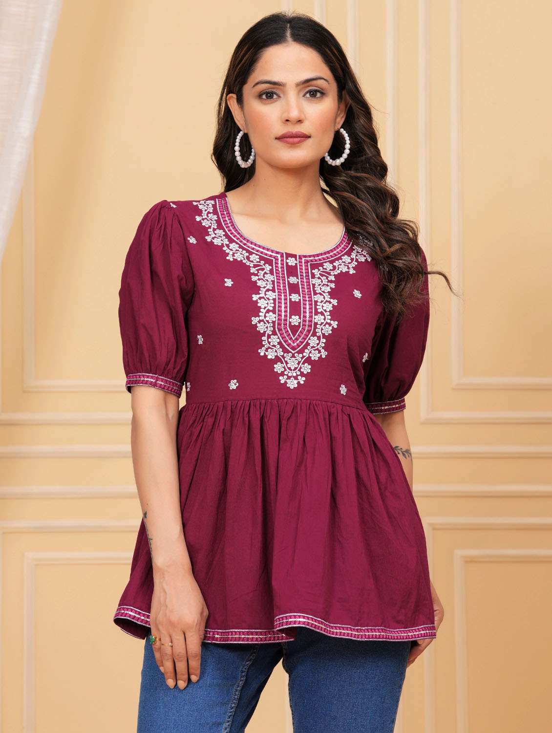 women embroidered puff sleeve ethnic top - 21966689 - Zoom Image - 0