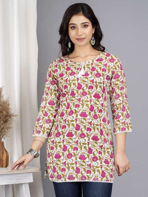 women floral three quarter sleeve straight kurti - 21966699 -  Standard Image - 0