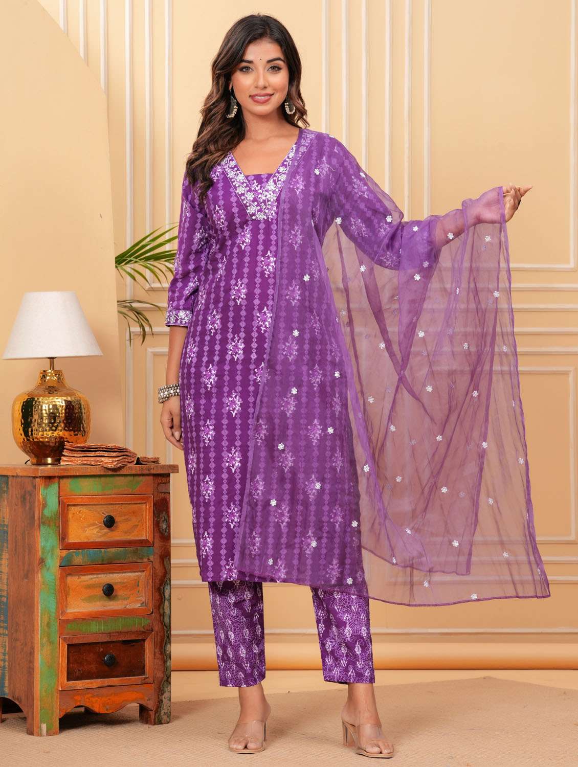 women three quarter sleeve kurta pant with dupatta set