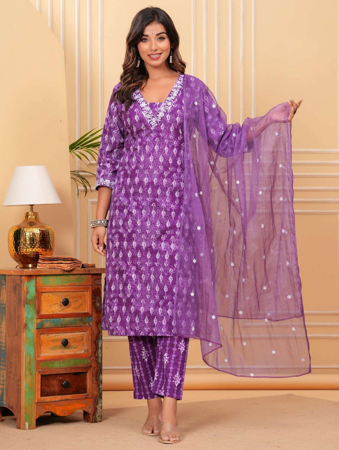 women three quarter sleeve kurta pant with dupatta set