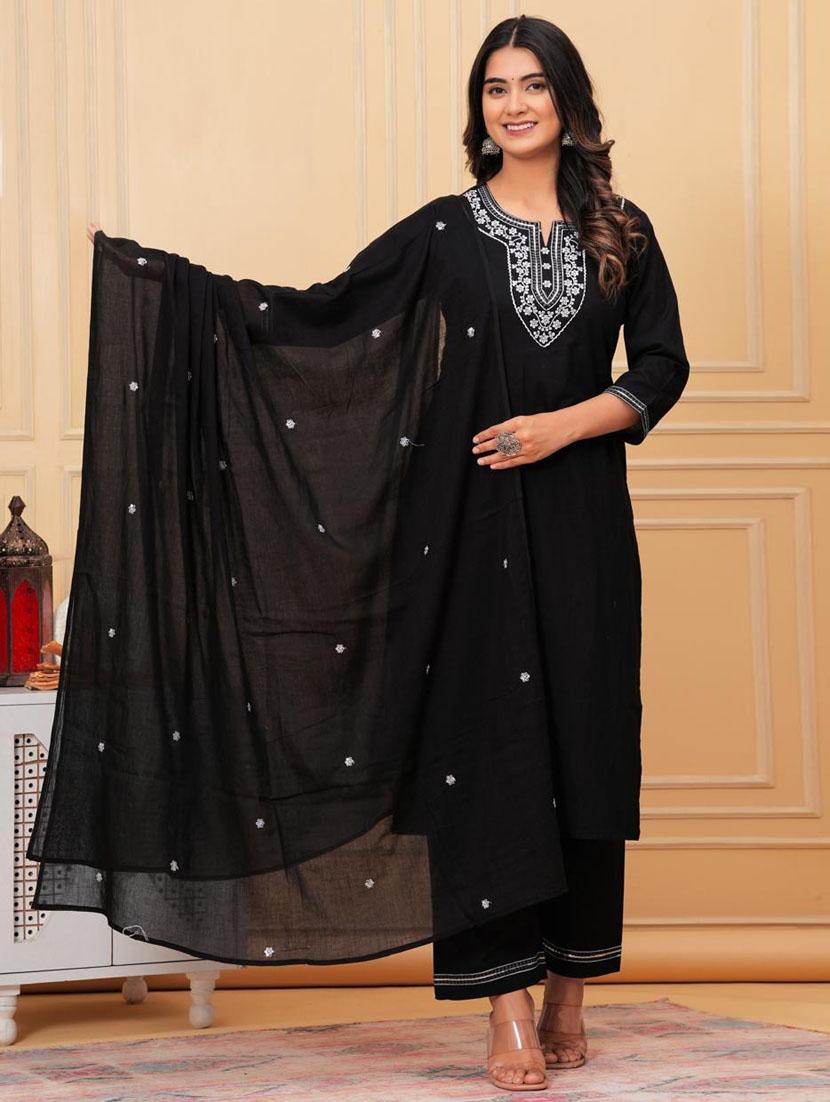 women three quarter sleeve kurta pant with dupatta set