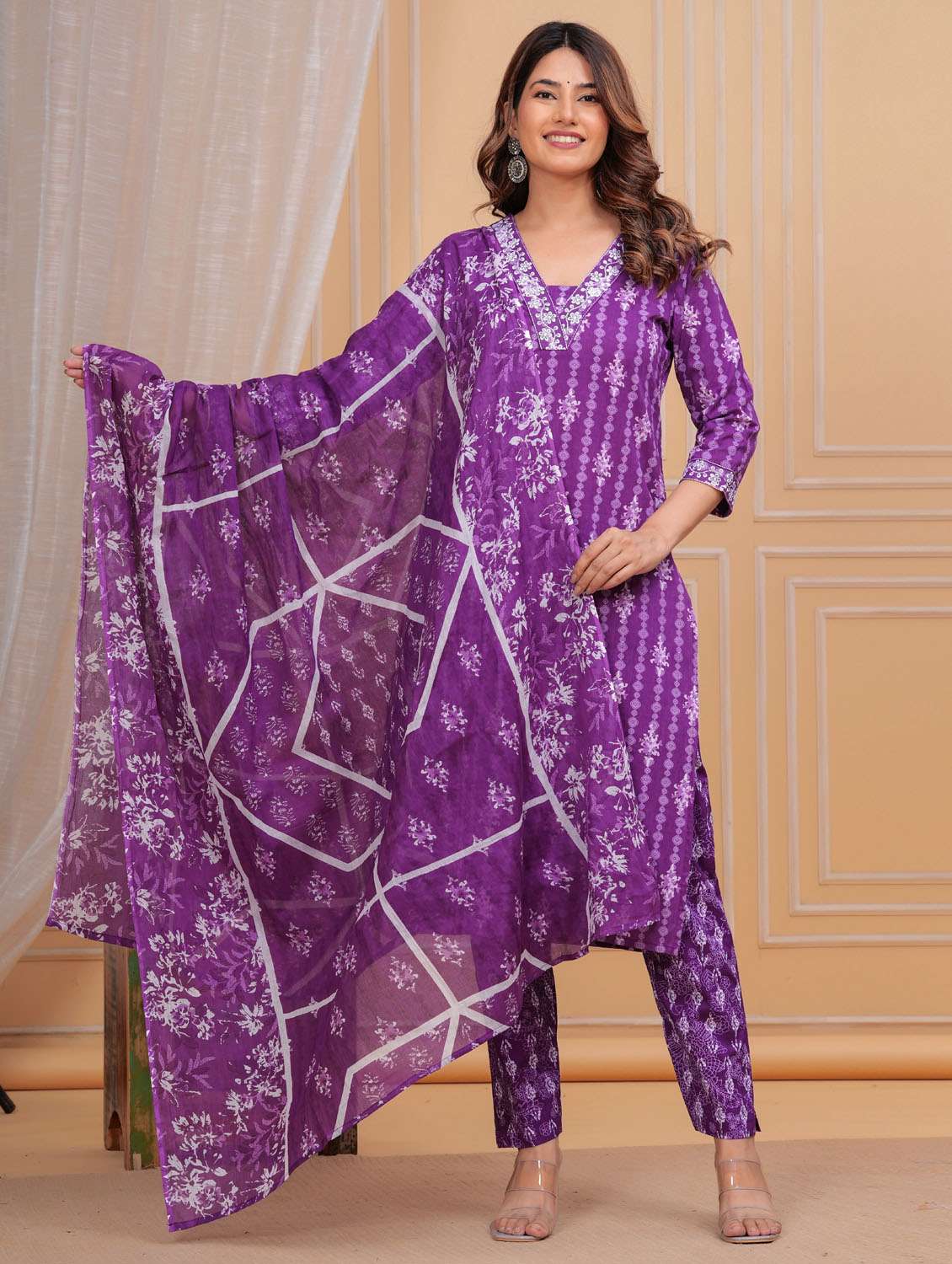 women three quarter sleeve kurta pant with dupatta set