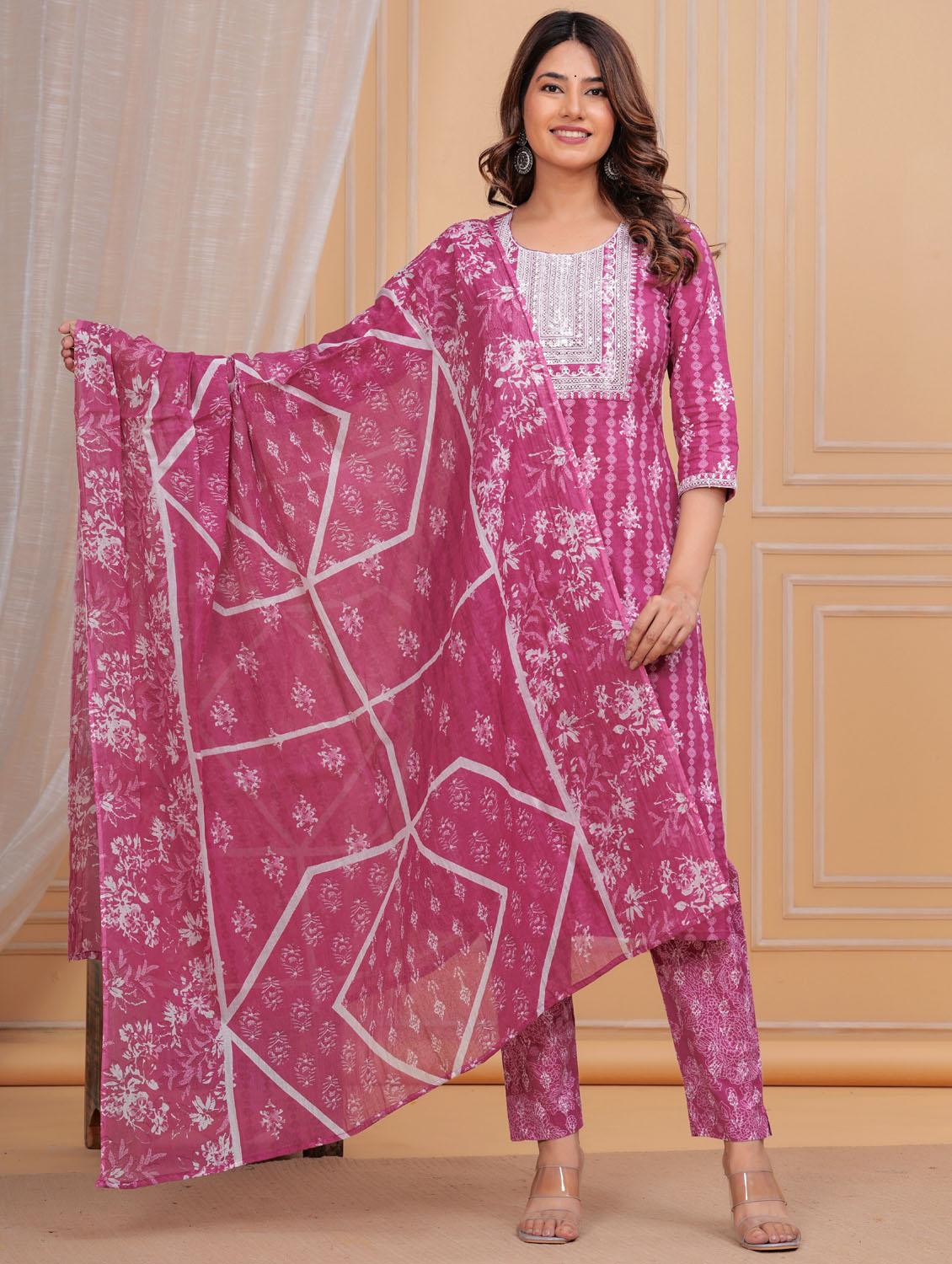 women three quarter sleeve kurta pant with dupatta set