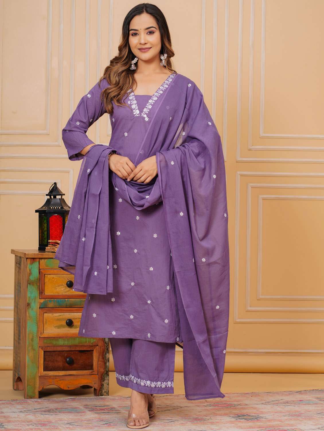 women three quarter sleeve kurta pant with dupatta set