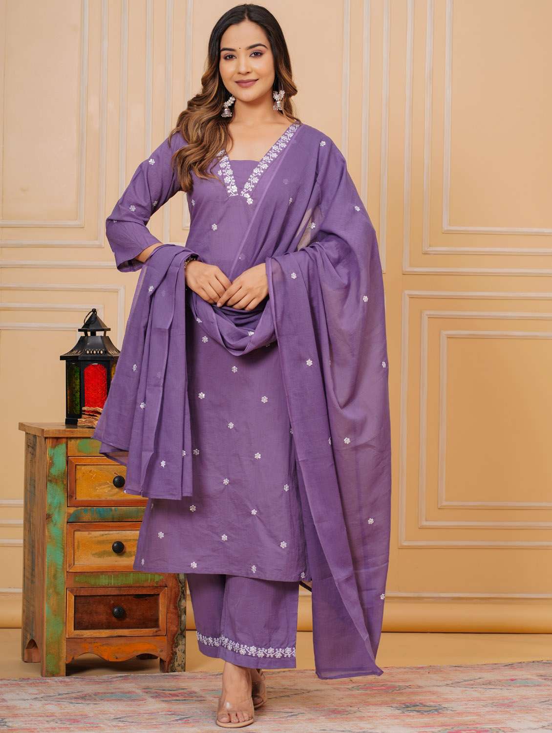 women three quarter sleeve kurta pant with dupatta set