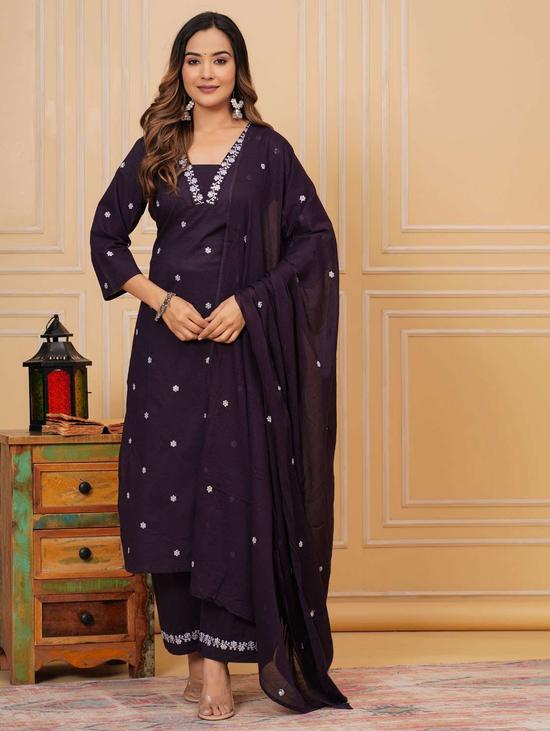 women three quarter sleeve kurta pant with dupatta set - 21966745 - Zoom Image - 0