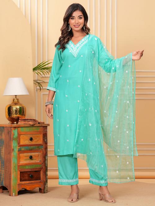 women three quarter sleeve kurta pant with dupatta set - 21966758 - Standard Image - 0