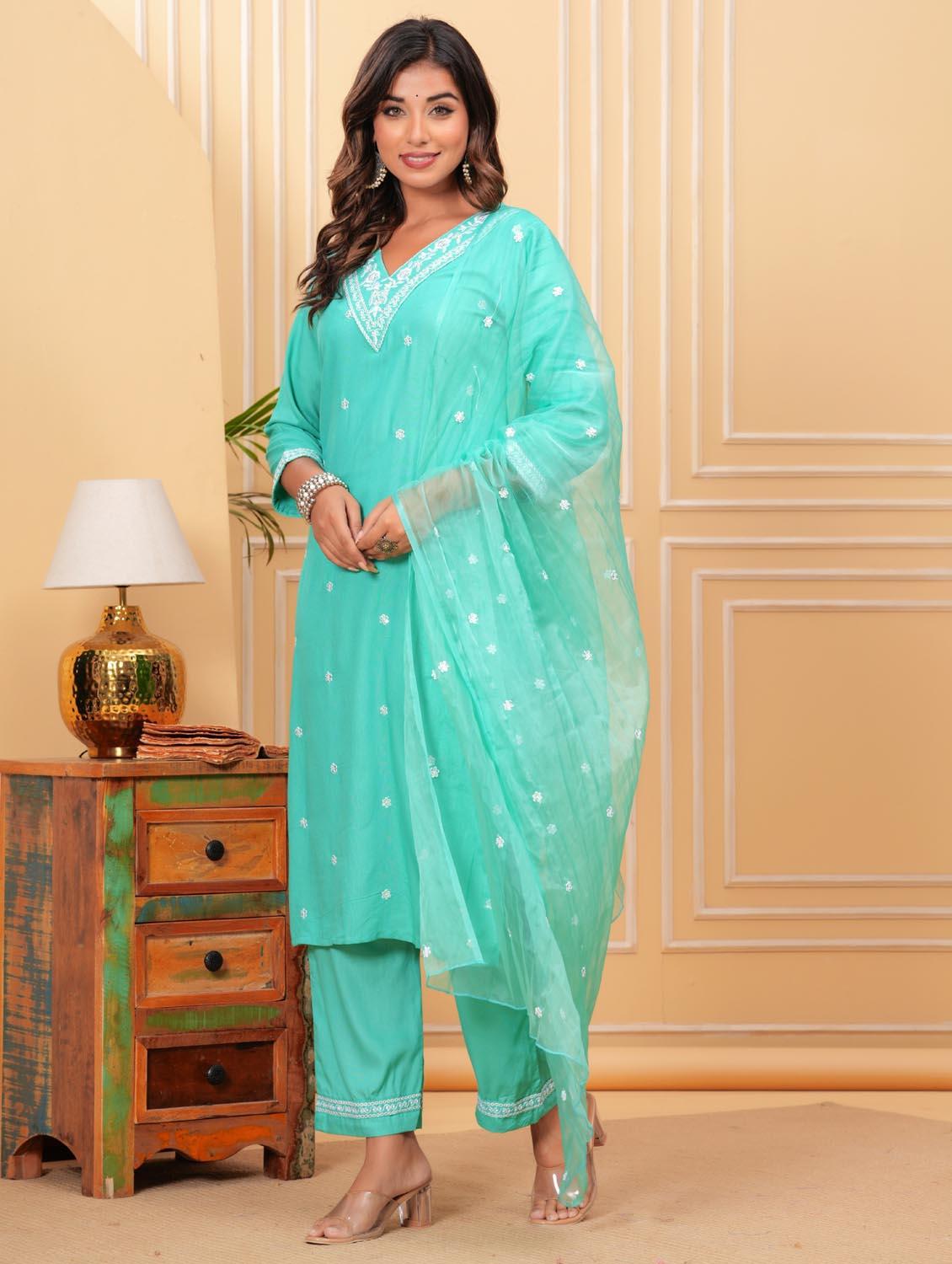 women three quarter sleeve kurta pant with dupatta set - 21966758 - Standard Image - 3