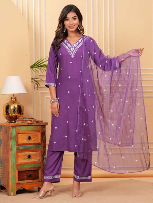 women three quarter sleeve kurta pant with dupatta set - 21966759 - Standard Image - 0