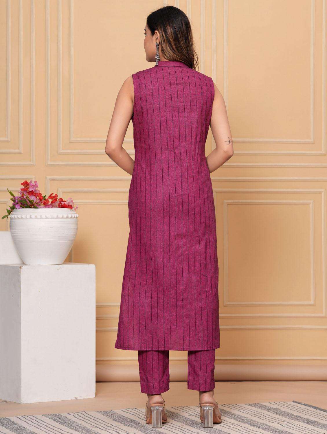 women striped sleeveless kurta pant set - 21966764 -  Standard Image - 3