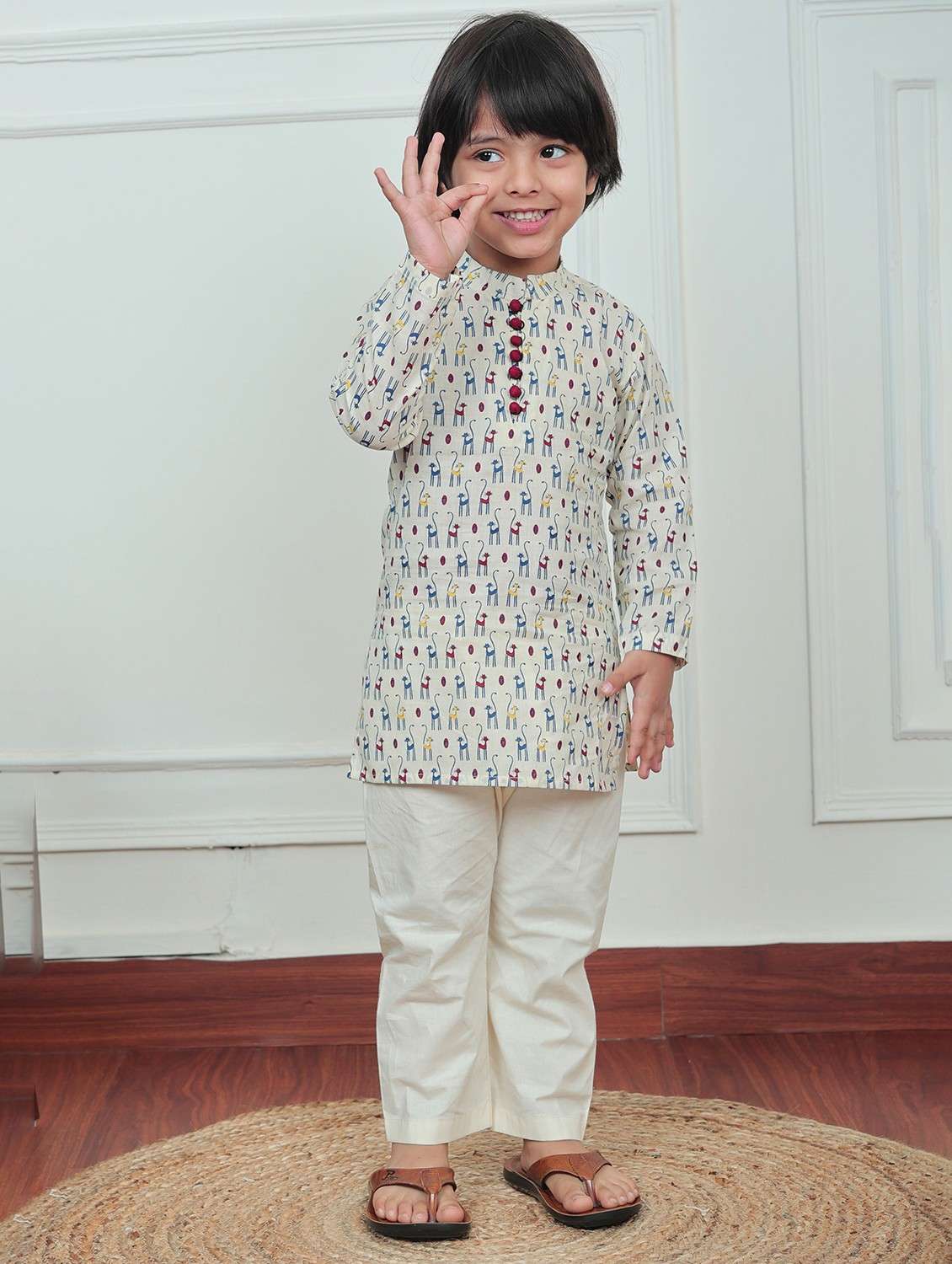 boys printed mandarin neck kurta pajama set