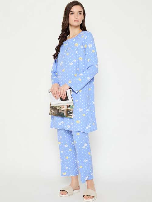 women printed long sleeve nightwear pyjama set