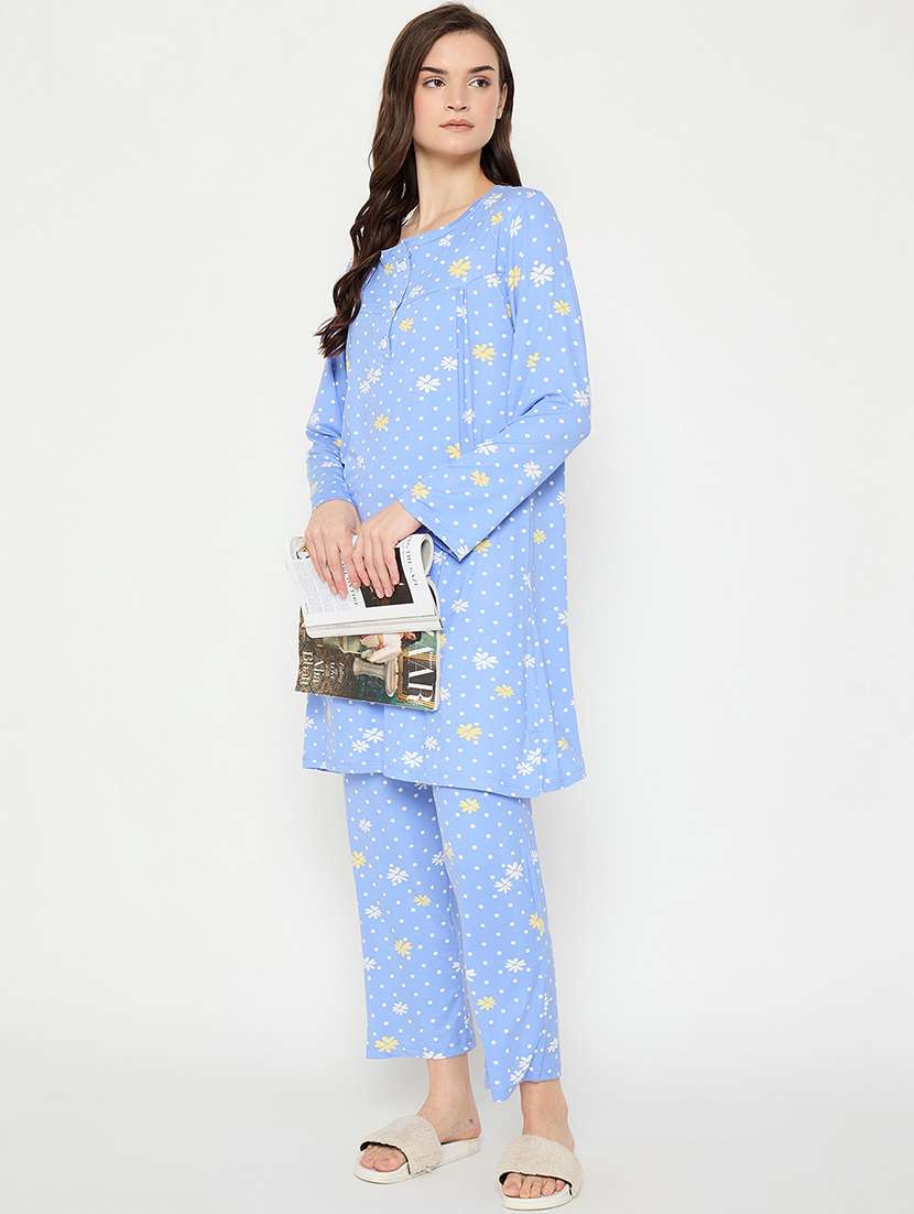 women printed long sleeve nightwear pyjama set