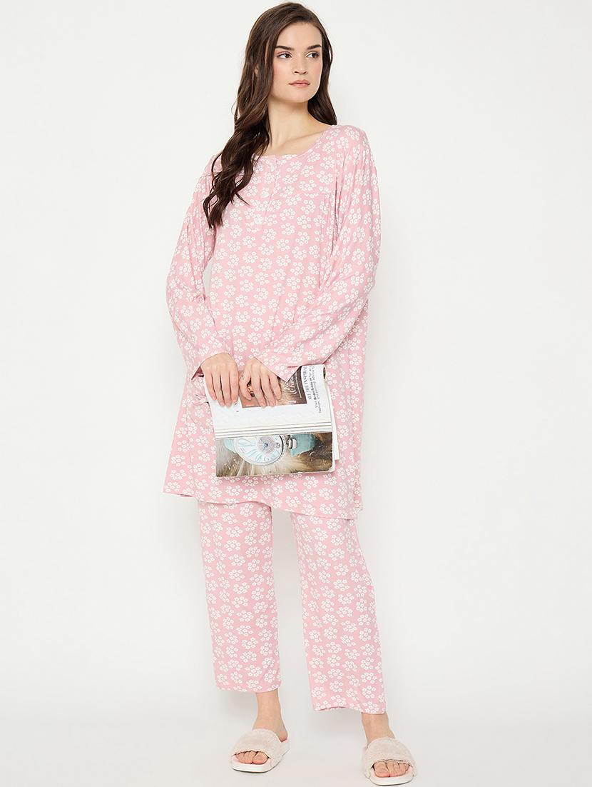 women printed long sleeve nightwear pyjama set