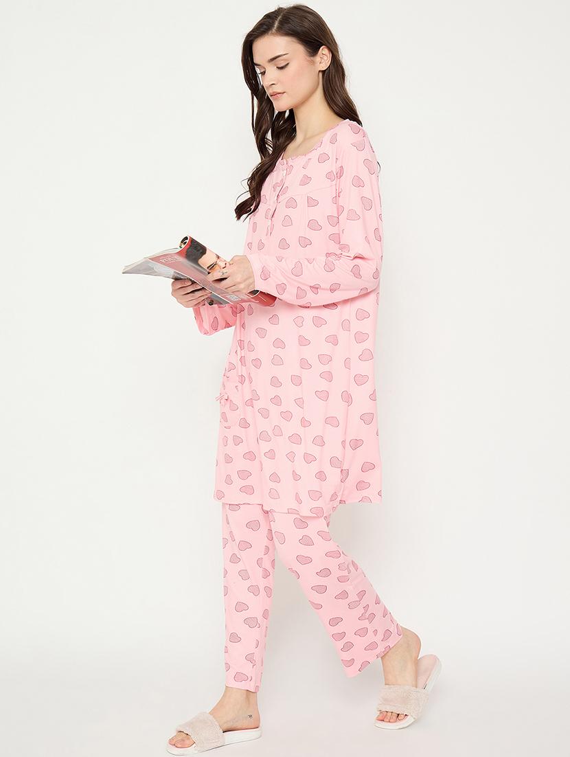 women printed long sleeve nightwear pyjama set