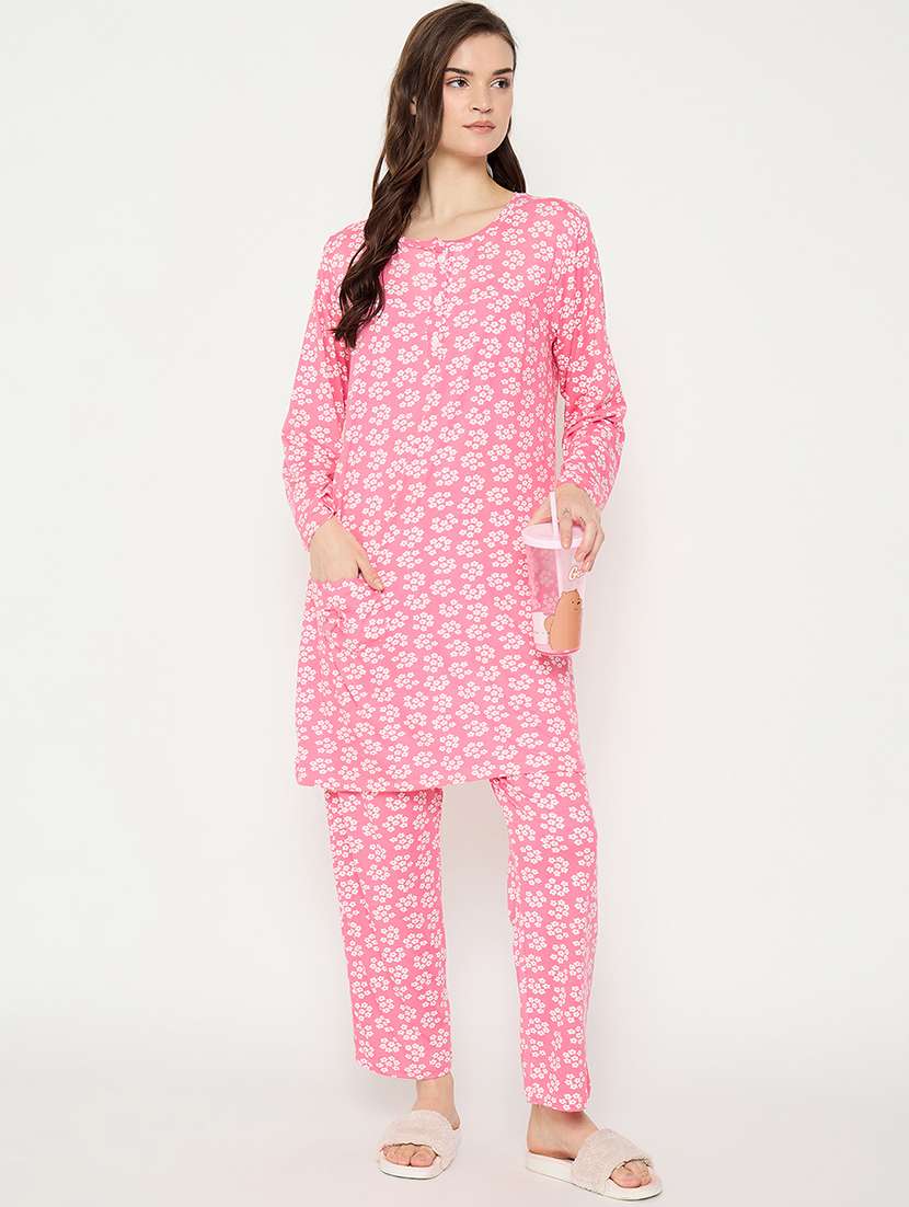 women printed long sleeve nightwear pyjama set