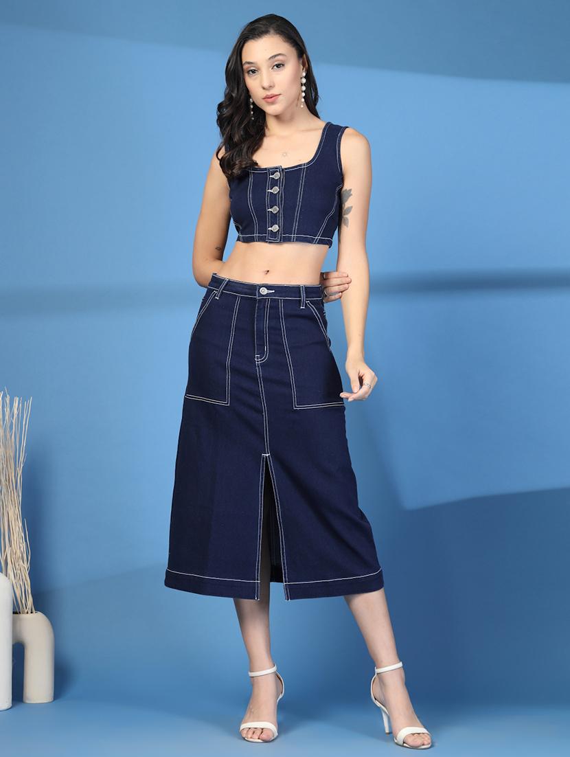 women navy blue solid top & skirt denim co-ord set - 21966796 -  Zoom Image - 0