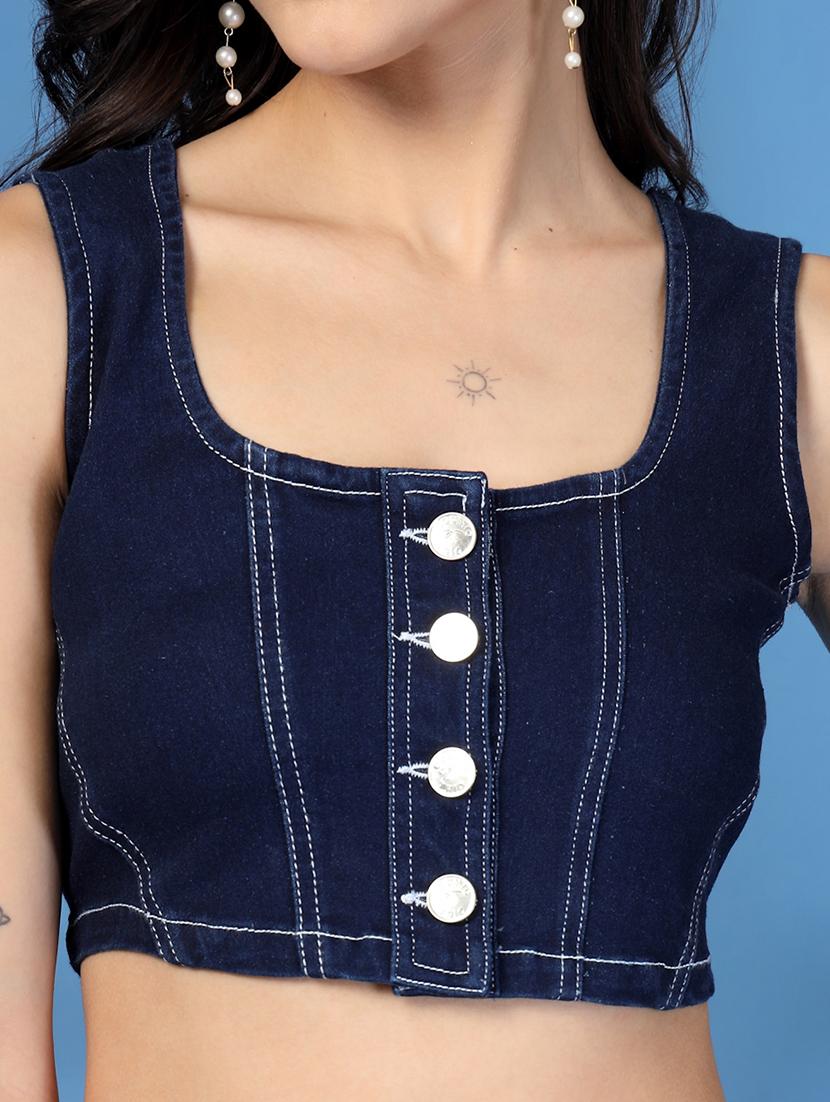 women navy blue solid top & skirt denim co-ord set - 21966796 - Standard Image - 5