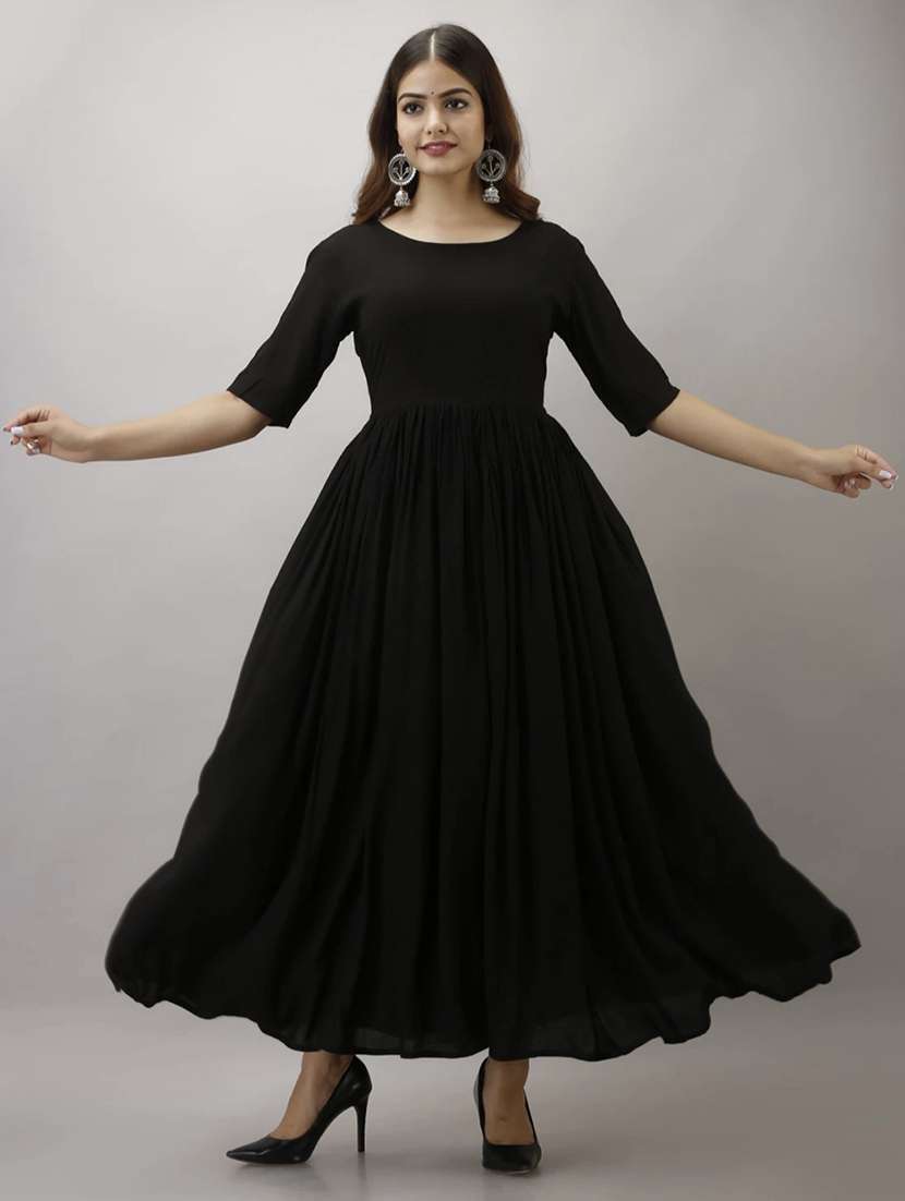 women black solid elbow sleeve anarkali ethnic dress