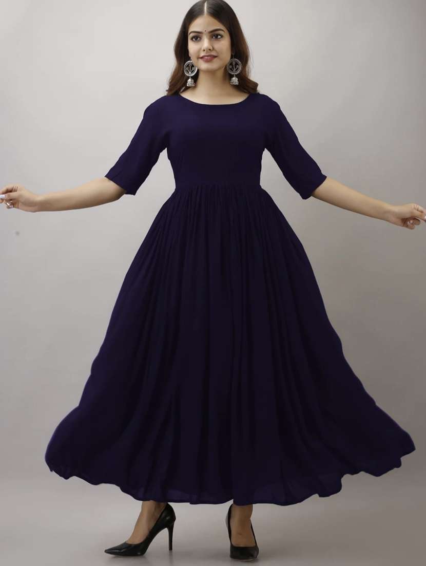 women navy blue solid elbow sleeve anarkali ethnic dress
