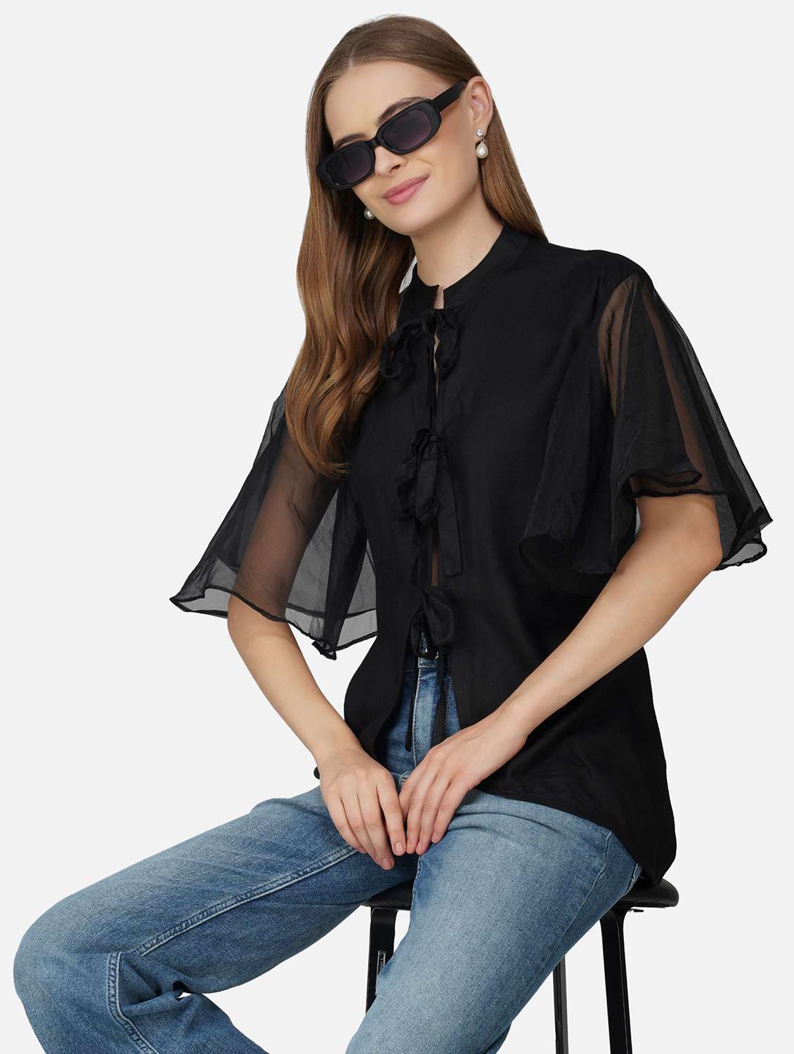 women solid flared sleeve tie ip high low top