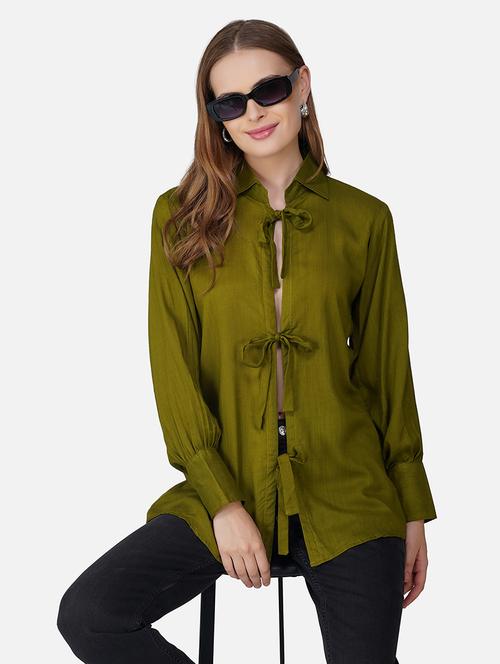 woen olive solid long sleeve tie up detailed shirt - 21966834 -  Standard Image - 0