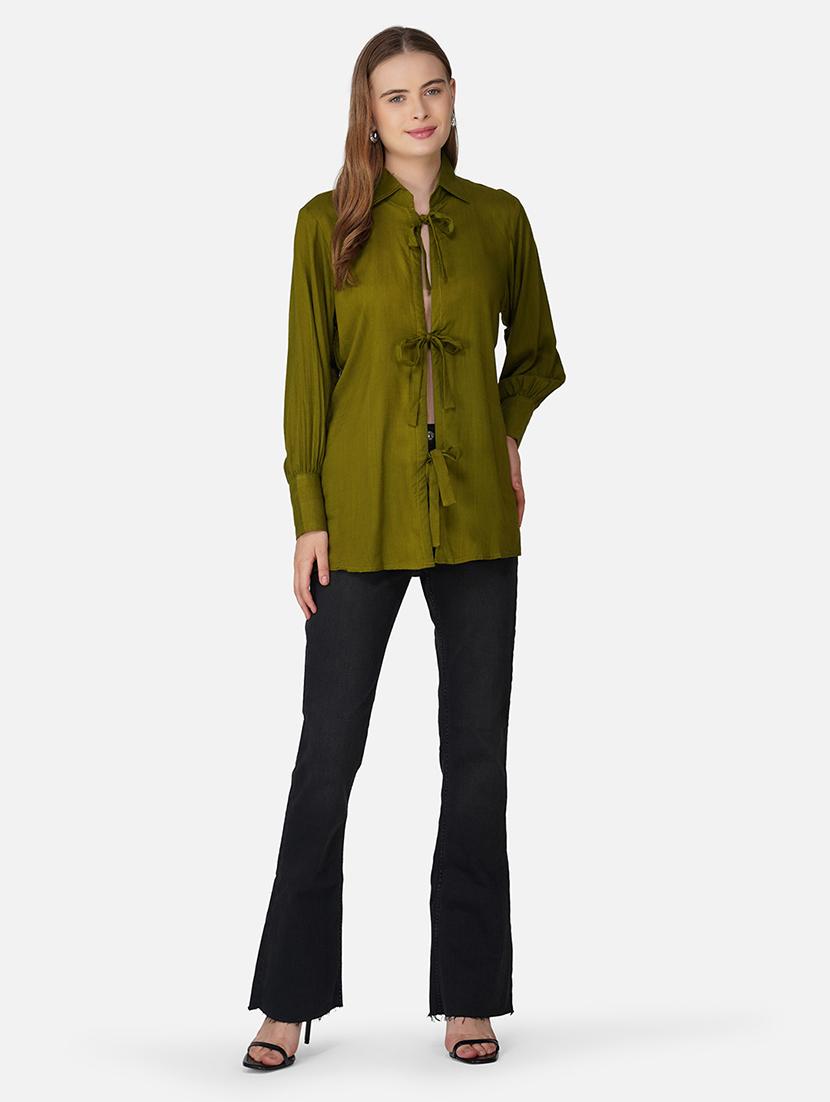 woen olive solid long sleeve tie up detailed shirt - 21966834 - Standard Image - 3