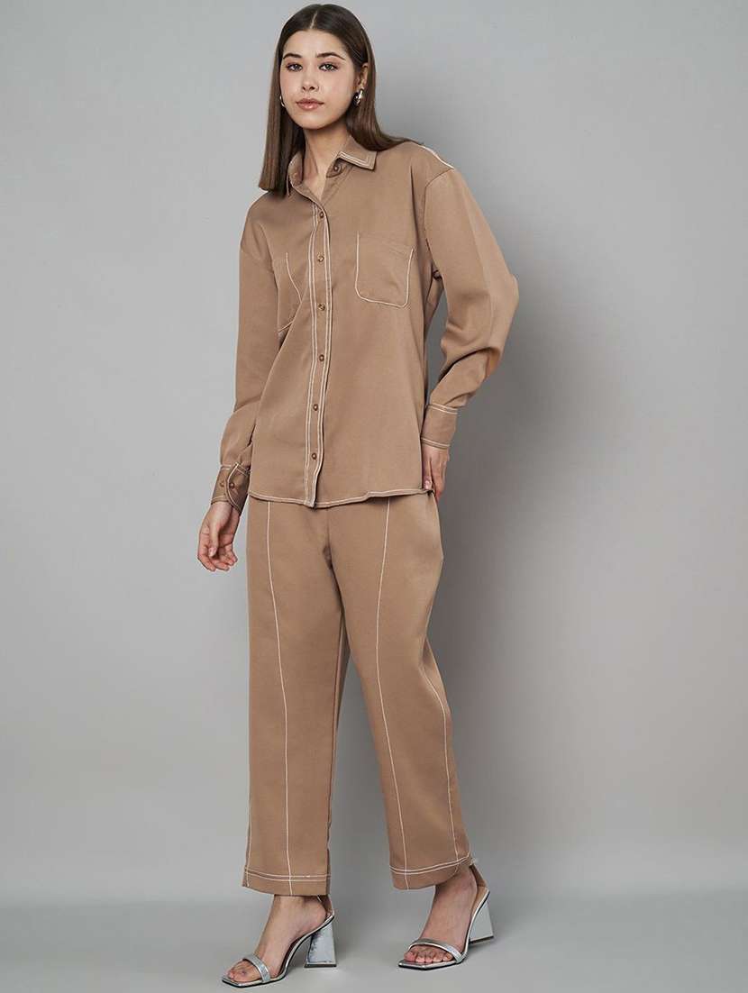 women solid shirt and trouser co-ord set - 21966838 -  Standard Image - 3