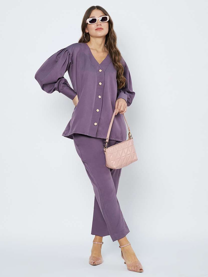 women solid shirt and trouser co-ord set