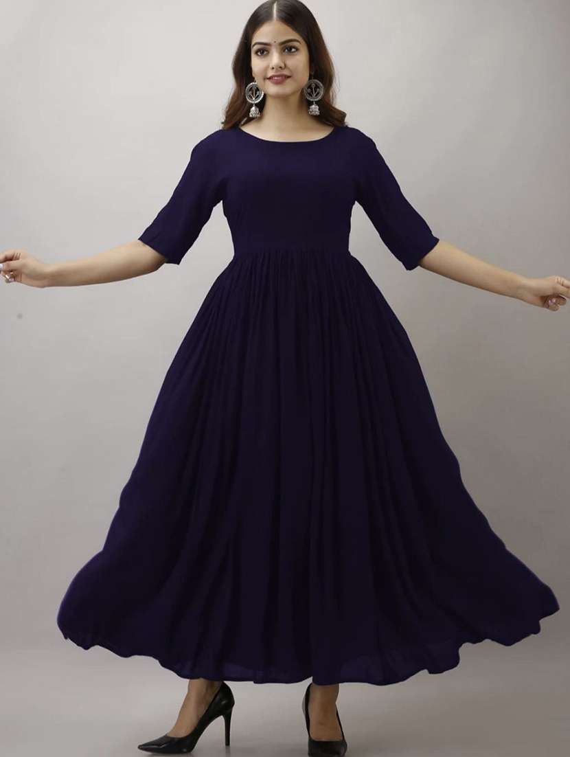 women solid round neck fit and flared maxi dress