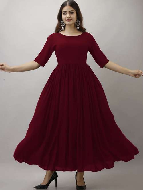 women solid round neck fit and flared maxi dress - 21966860 -  Standard Image - 0