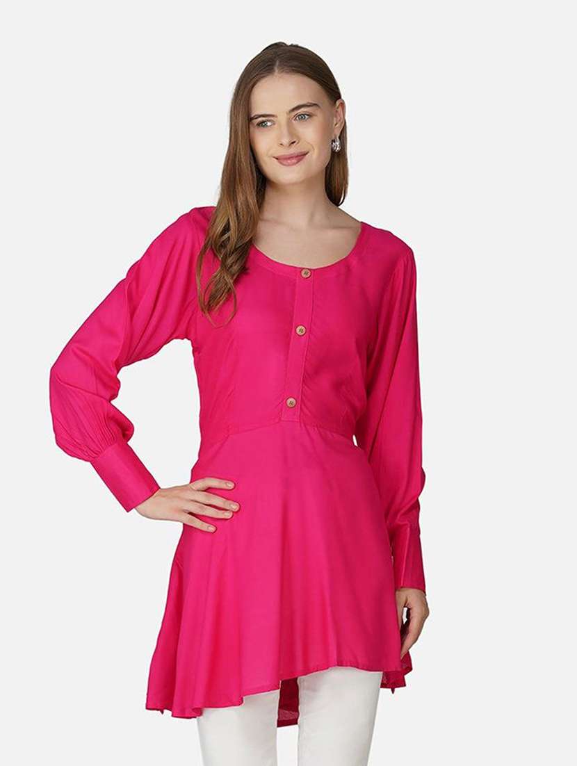 women pink solid long sleeve high-low top