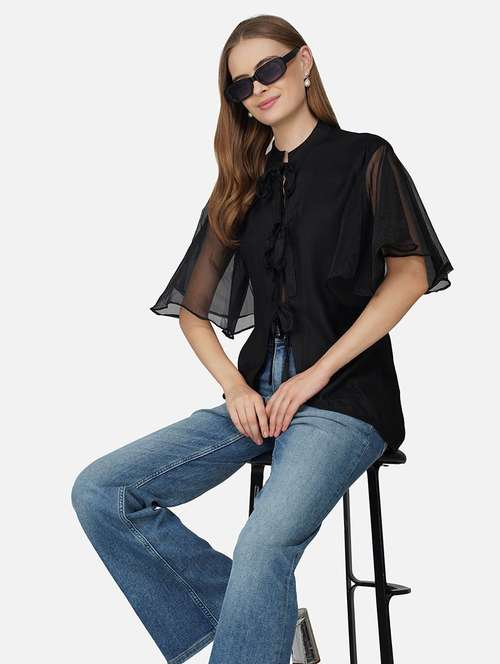 women black solid flared sleeve high low top - 21966863 -  Standard Image - 0