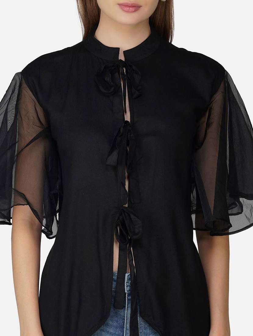 women black solid flared sleeve high low top - 21966863 -  Standard Image - 3