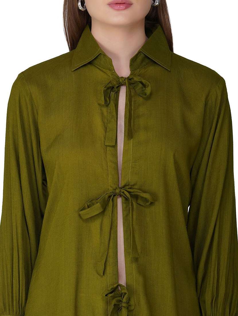 women solid collared long sleeve front tie up top - 21966866 -  Standard Image - 3