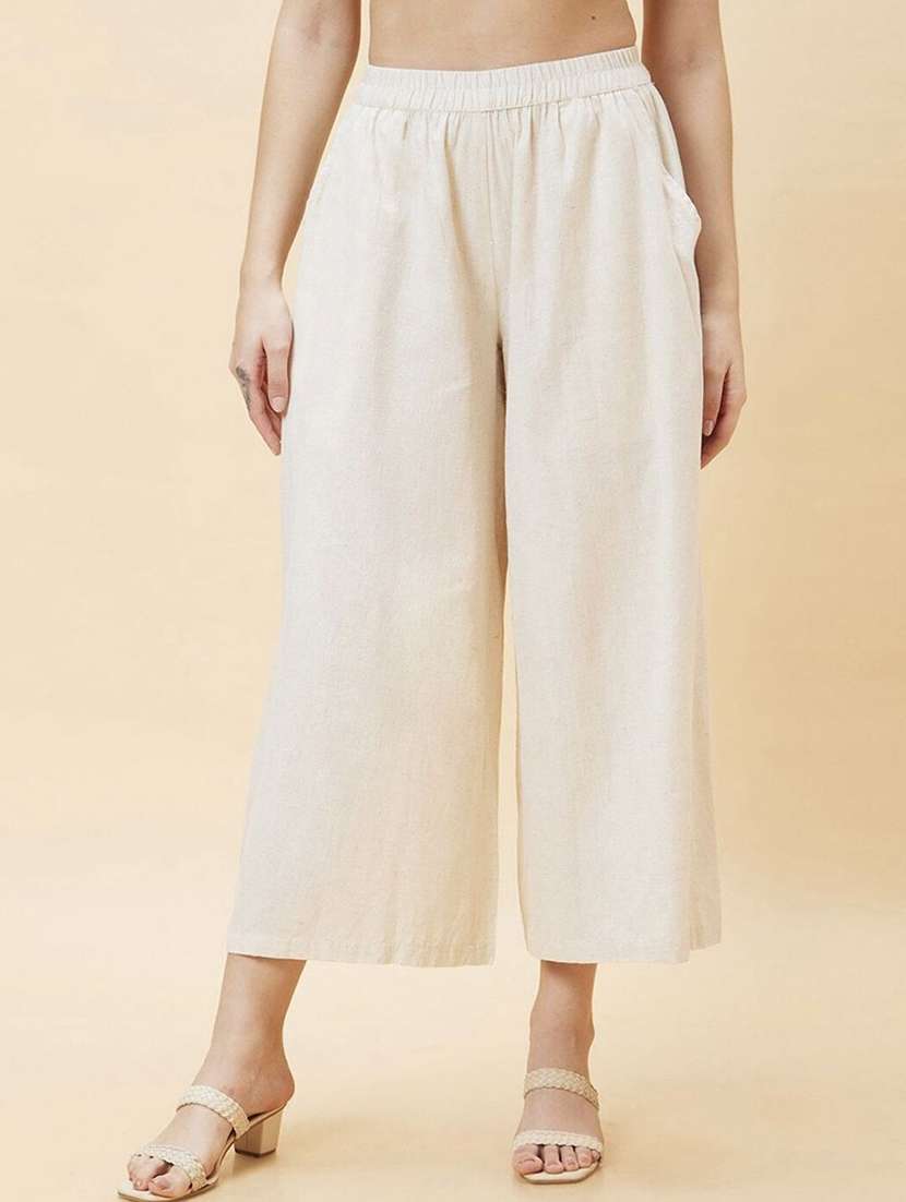 women solid mid rise flared palazzo