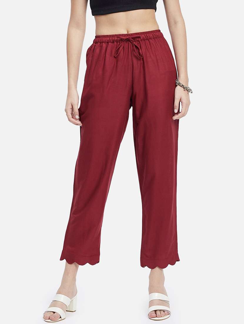 women maroon solid mis rise straight pant 